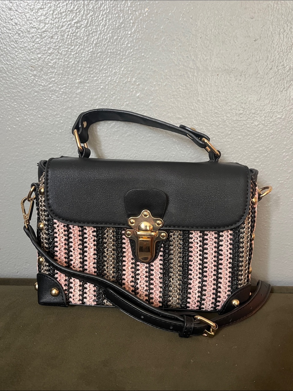 Pink Haley Black and Pink Woven mini Satchel crossbody with Gold Hardware